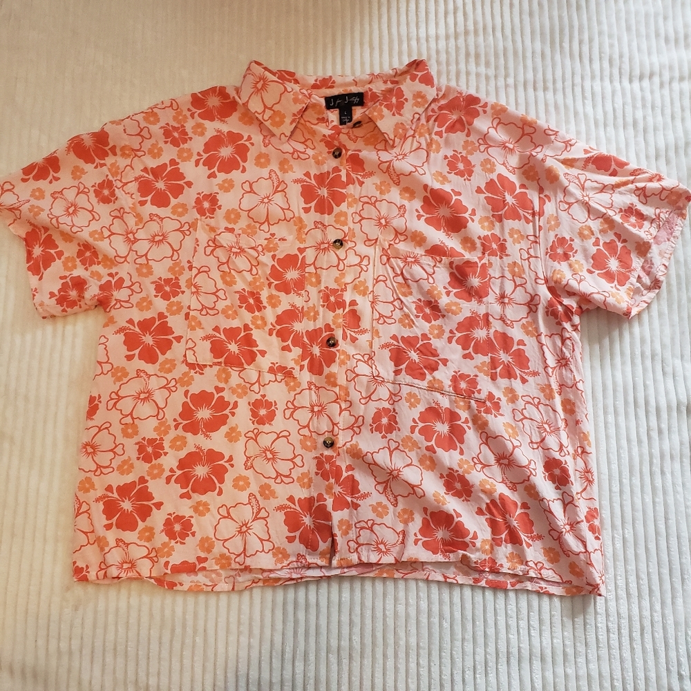 J for Justify Unisex Orange Floral Short Sleeve Hawaian Button Up Shirt L